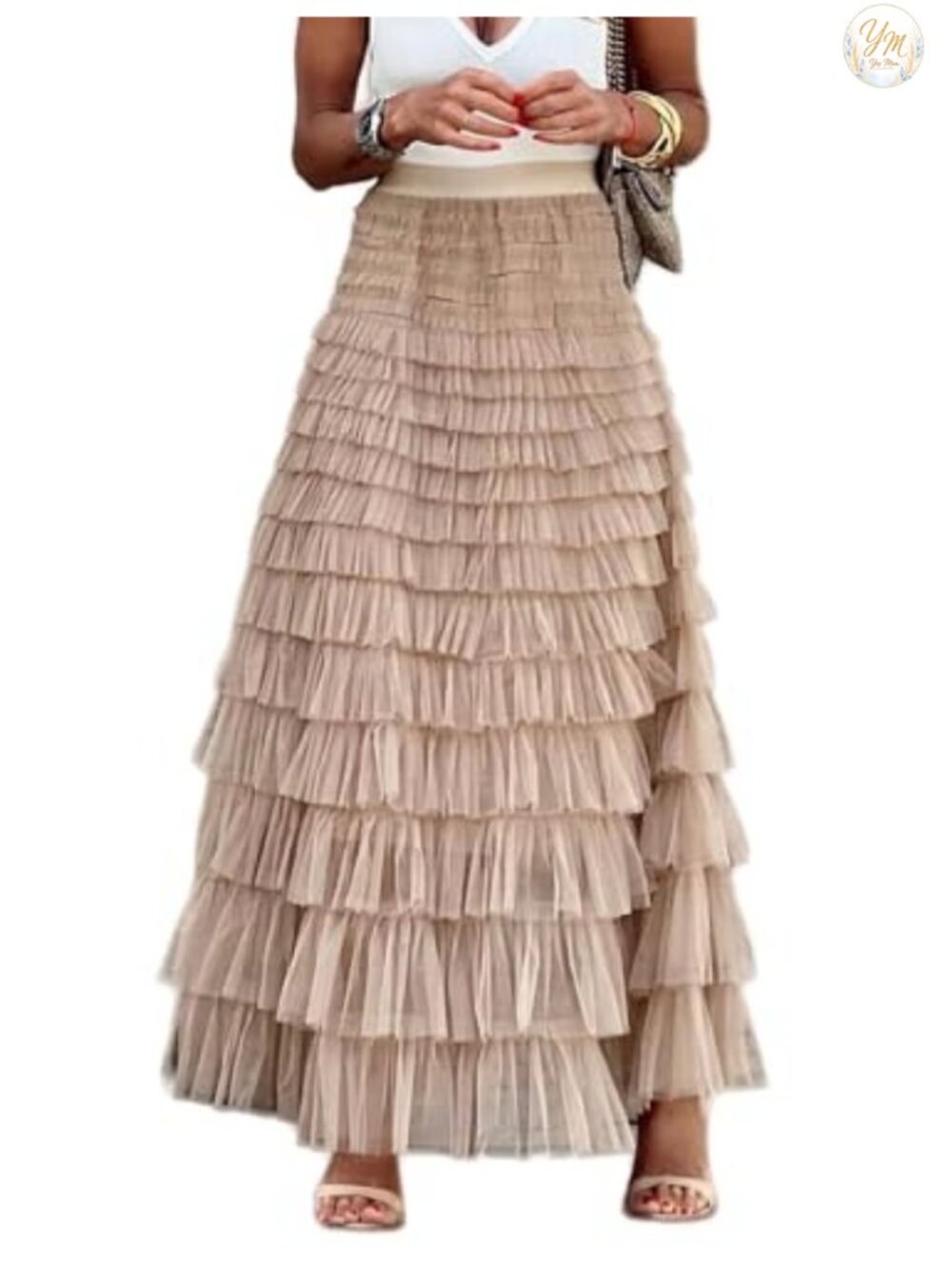 Flygo Womens Tulle Maxi Skirt Tiered Ruffle Layered A-Line Flowy Long Skirt
